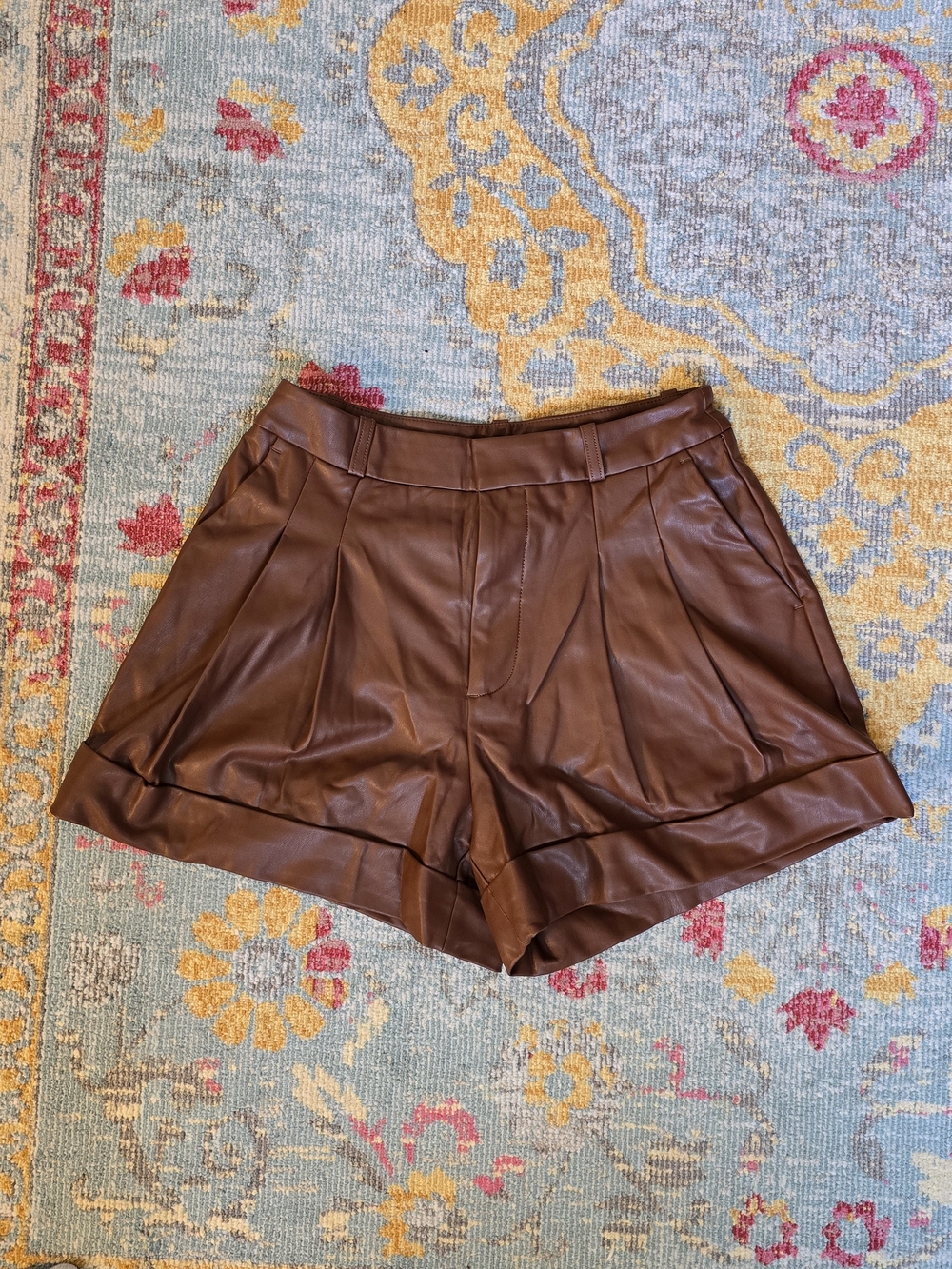 Maeve Chocolate Brown Faux Leather High-Waist Pleated Shorts